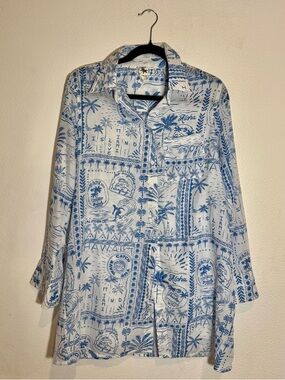 Violet Sky Blue White Hawaiian Print Button Down Shirt Size S